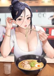 1girls blowing cleavage clothing dark_hair date dinner_date eating female female_only food hair_bun looking_at_viewer original original_character ornament playing_with_hair ramen restaurant shirt solo solo_female voluptuous yoshi55level