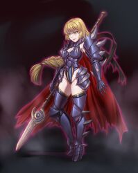 1girls alternate_costume bangs bare_thighs blonde_hair boots braid breasts cape cleavage evil_smile female female_only fire_emblem fire_emblem:_three_houses gloves green_eyes ingrid_brandl_galatea lance leebigtree leotard long_hair medium_breasts nintendo open_mouth revealing_clothes smile solo spear thigh_boots thighs very_long_hair weapon