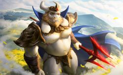 2022 anthro asgore_dreemurr bara blonde_hair brown_eyes crown detailed detailed_background dilf drawller facial_hair furry goat hi_res high_resolution horns male_focus male_only manly mountains muscle muscles muscular muscular_male nipples solo undertale undertale_(series) underwear white_fur