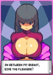 1boy 1girls 2d_animation animated animated_gif big_breasts black_hair bodysuit bondage breast_squeeze breast_squish breasts darkred333 dialog dialogue dialogue_box doggy_style female forced game_over hands_behind_back hands_tied human long_hair mature_female mature_woman paizuri pixel pixel_art pokemon pokemon_frlg pov red_(pokemon) sabrina_(pokemon) sex tip_peeking titfuck titfuck_under_clothes titfucking video_game video_game_character video_games