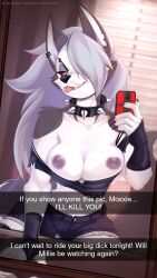 breasts canine demon exposed_breasts goth goth_girl hellhound helluva_boss kinkywinky69 loona_(helluva_boss) moxxie_(helluva_boss) phone scappo selfie shorts snapchat tease teasing text text_box wolf wolf_ears wolf_tail