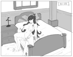 1futa 1girls ahoge bedside beidou_(genshin_impact) blush breasts candlestand condom cupboard duo female full_body futa_on_female futa_with_female futanari ganyu_(genshin_impact) genshin_impact goat_horns greyscale heart highres hinagi_(fox_priest) horns human humanoid implied_futanari indoors medium_breasts monochrome multiple_girls nude one_eye_covered open_mouth reverse_upright_straddle scene sex spoken_heart sweat sweating_profusely timelapse timestamp used_condom used_tissue