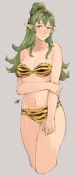 1girls alternate_costume animal_print bikini blush breasts cleavage commission cosplay cowboy_shot english_commentary female female_only fire_emblem fire_emblem_awakening green_hair highres long_hair looking_at_viewer lum lum_(cosplay) medium_breasts navel nintendo sakuremi smile solo strapless swimsuit tiger_print tiki_(adult)_(fire_emblem) tiki_(fire_emblem) urusei_yatsura yellow_bikini yellow_swimsuit