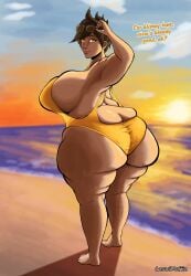 1girls ass ass_cleavage bbw beach big_ass big_breasts bottom_heavy breasts brown_hair bursting_ass busty butt_crack casualmuffin chubby chunky dialogue fat fat_ass fat_thighs female huge_ass huge_breasts lard_ass large_ass large_breasts one-piece_swimsuit overflowing_ass overwatch overweight short_hair solo_female sunglasses_on_head swimsuit tracer yellow_eyes