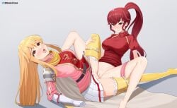 2girls anna_(fire_emblem) anna_(fire_emblem)_(archanea) bare_thighs blonde_hair breasts female female_only fire_emblem fire_emblem:_genealogy_of_the_holy_war lachesis_(fire_emblem) long_hair medium_breasts multiple_girls nessu_(nnn07897) nessudraws nintendo open_mouth orange_eyes panties pink_panties ponytail pussy red_eyes red_hair smile thighhighs thighs tribadism yuri