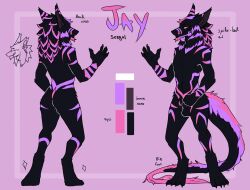 animal_genitalia anonymous_artist anthro balls canid canine canine_genitalia canis dire_wolf fully_sheathed genitals hi_res hybrid knot male mammal model_sheet neondragonjay original_character sergal sheath solo stripes