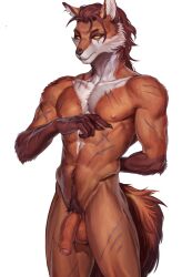 1boy abs anthro athletic_male balls ballsack body_fur brown_hair flaccid_penis fluffy_tail foreskin fox fox_ears furry furry_balls happy_trail humanoid_penis intact kingsguard_vn koshiro_(kingsguard) lean_muscle looking_at_viewer male male_nipples male_only male_pubic_hair muscular_male orange_eyes orange_fur partially_retracted_foreskin pecs penis scars scrotum smooth_fur snout solo tail testicles thebigslick three_tone_fur uncut veiny_penis visual_novel white_background