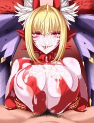 animal_humanoid areola areola_slip bed big_breasts blonde_hair blush bodily_fluids breast_play breasts canid canid_humanoid canine canine_humanoid cum cum_in_mouth cum_inside cum_on_breasts cum_on_face cum_on_tongue digital_media_(artwork) duo facial_markings fate_(series) female female_penetrated first_person_view fox fox_humanoid fur furniture genital_fluids glistening glistening_body glistening_skin hair head_markings hi_res huge_breasts human humanoid inner_ear_fluff juno_(pixiv32541104) juno_opf light_body light_skin looking_at_viewer lying male male/female male_penetrating male_penetrating_female male_pov mammal mammal_humanoid markings nero_claudius_(fate) nipples nude paizuri penetration pubes queen_draco_(fate) red_body red_eyes red_fur sex sweat titjob tongue tuft whore_of_babylon_(fate)