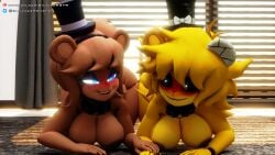 2girls 3d bandage bandage_on_ears bare_breasts bear_ears bedroom_eyes black_bowtie blonde_hair blue_eyes blush blushing bowtie brown_hair cally3d clazzey cryptiacurves fazclaire's_nightclub female five_nights_at_freddy's fnaf freddy_(fnaf) fredina's_nightclub fredina_(cally3d) frenni_(cryptia) frenni_fazclaire genderbend golden_freddy golden_freddy_(fnaf) golden_fredina_(cally3d) headband scottgames silver2299 top_hat type_0 white_eyes yuri