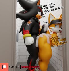2boys 3d anthro ass balls bent_over between_buttocks big_ass big_penis blue_eyes bottomless camseven cum cum_on_ass cum_on_penis dialogue femboy fox hat hedgehog jacket looking_at_another looking_back male male_only nude nude_male penis sega shadow_the_hedgehog shoes sonic_(series) sonic_the_hedgehog_(series) tails thick_thighs tongue tongue_out