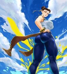 1girls armpits asian asian_female ass big_ass big_breasts blush breasts brown_eyes brown_hair calad_g capcom chun-li clothed clothed_female clothes clothing female female_only fully_clothed light-skinned_female looking_at_viewer low-angle_view rear_view solo street_fighter street_fighter_6 sweat thick_thighs wide_hips