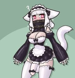 <3_eyes animal_humanoid belt belt_buckle blush bow_tie breasts bulge cat_humanoid clothing felid felid_humanoid feline feline_humanoid futa_only futanari gynomorph hair heart hi_res humanoid intersex limebreaker looking_at_viewer maid_uniform mammal mammal_humanoid original penis_clothing pink_eyes png qaitlynne question_mark simple_background solo tan_body uniform white_hair