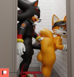 2boys 3d anal anal_sex anthro ass balls bent_over big_ass big_penis blue_eyes bottomless camseven dialogue femboy fox gay gay_sex hat hedgehog jacket male male_only mcdonald's nude nude_male penis sega sex shadow_the_hedgehog shoes sonic_(series) sonic_the_hedgehog_(series) tails thick_thighs