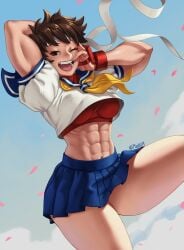 1girls abs big_breasts breasts capcom female female_only light-skinned_female mootium muscular muscular_female sakura_kasugano school_uniform short_hair sports_bra street_fighter thick_thighs tomboy