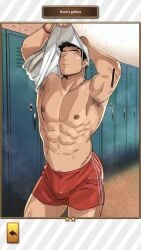 armpits bulge changing_clothes changing_room ero_condo hoan_nguyen kienbiu locker_room looking_at_viewer male_only muscles muscular muscular_male p.e._teacher short_shorts surprised twitter_user_oc yaoi