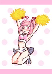 1girls cheerleader cheerleader_outfit cheerleader_uniform doki_doki_literature_club female hair_ribbons jassur_da_bagel natsuki_(doki_doki_literature_club) panties pantyshot pink_eyes pink_hair pink_panties pom_poms red_ribbons ribbons shoes skirt skirt_up socks solo solo_female white_skirt yellow_pom_poms