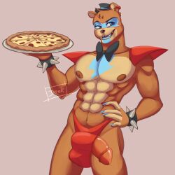 abs absurd_res animatronic anthro bara big_penis bow_tie bracelet brown_body brown_fur bulge clothing dirokuvu five_nights_at_freddy's five_nights_at_freddy's:_security_breach food fur genitals glamrock_freddy_(fnaf) hi_res humanoid jewelry machine male male_only mammal muscular muscular_male nipples penis pizza poking_out red_clothing robot scottgames solo speedo spiked_bracelet spikes swimwear underwear ursid video_games