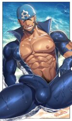 1boy archie_(pokemon) bandana boner erect_penis erection erection_under_clothes hard_on looking_at_viewer male male_only melanin muscular muscular_male nullqllun open_shirt pokemon pokemon_oras solo spread_legs team_aqua thick_thighs villain wet