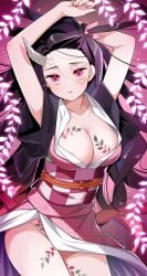 areola_slip arms_above_head arms_up big_breasts black_hair body_markings cleavage demon_girl demon_slayer female female_only hair_ribbon haori horn kamado_nezuko kanekiyo_miwa kimetsu_no_yaiba kimono long_hair looking_at_viewer no_bra obi open_kimono pink_eyes sharp_fingernails slit_pupils solo