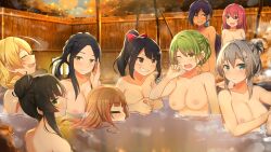 9girls akari_hanao blonde_hair cy_tokakushi enju_saion-ji female female_only lily_fuma moe_ninja_girls multiple_girls myu_momochi nanao_kashima nipples nude_female ricka_machiyuki sauna smile tengge_yomoda water yamabuki_suou