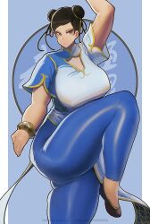 1girls asian asian_female big_breasts blush breasts brown_eyes brown_hair capcom chun-li cleavage clothed clothed_female clothes clothing erect_nipples female female_only fully_clothed light-skinned_female mmmmmkun plump solo street_fighter street_fighter_6 thick_thighs tight_clothing voluptuous wide_hips