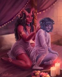 2demons 2girls black_hair blue_body blue_hair blue_skin cleric critical_role critical_role:_the_mighty_nein daughter devil_horns devil_tail dnd dnd5e dungeons_and_dragons horn horns humanoid jester_lavorre lucybreeze marion_lavorre mother mother_and_daughter neckwear red_body red_skin tagme tail tiefling violet_eyes