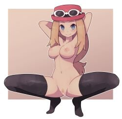 1girls areolae arms_behind_head bar_censor black_legwear blonde_hair blue_eyes breasts censored female female_only hat human human_only lamb-oic029 legwear long_hair navel nipples nude pokemon pubic_hair pussy serena_(pokemon) serena_(pokemon_games) solo teenage_girl teenager thighhighs