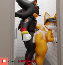 2boys 3d anthro ass balls bent_over big_ass big_penis blue_eyes bottomless camseven cum cum_in_ass cum_inside cum_on_ass dialogue eyes_rolling_back femboy fox hat hedgehog jacket male male_only nude nude_male penis sega shadow_the_hedgehog shoes sonic_(series) sonic_the_hedgehog_(series) tails thick_thighs