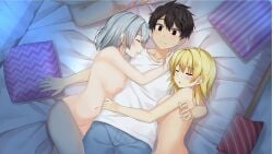 1boy 2girls akari_hanao bed female hug kazuki_araya legs moe_ninja_girls nipples nude_female ricka_machiyuki sleeping