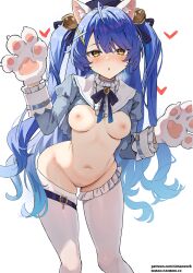 against_glass amamiya_kokoro animal_ears animal_hands bangs bell blue_hair blush breasts cat_ears cat_tail female gloves highres jingle_bell large_breasts long_hair long_sleeves looking_at_viewer navel nijisanji nipples open_mouth paw_gloves paws reverse_outfit shrug_(clothing) simao_(x_x36131422) solo tail thigh_strap thighs two_side_up virtual_youtuber white_legwear yellow_eyes