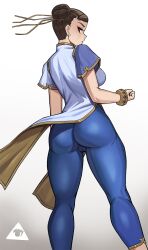 1girls asian asian_female ass big_ass brown_eyes brown_hair bubble_butt cameltoe capcom chun-li chun-li_(street_fighter_6) clothed clothed_female clothes clothing donburikazoku female female_only fully_clothed light-skinned_female light_skin low-angle_view milf pussy_bulge rear_view solo street_fighter street_fighter_6 tight_clothing