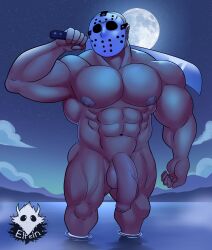 balls bara big_balls big_penis elfein friday_the_13th gay hockey_mask jason_voorhees knife machete male male_only muscles muscular night penis solo solo_male weapon weapon_over_shoulder