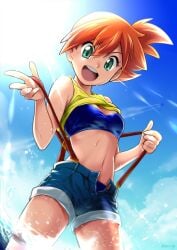 :d bare_shoulders bikini bikini_top blue_bikini blue_bikini_top blue_bra blue_sky blue_swimsuit bra breasts cleavage clothes_lift clothes_pull clothing clothing_pull cloud day denim denim_shorts female female_only green_eyes grin happy happy_female kasumi_(pokemon) kitano_tomotoshi looking_at_viewer midriff misty_(pokemon) nintendo open_clothes open_mouth open_mouth_smile orange_hair outdoors pokemon pokemon_(anime) pokemon_(classic_anime) pokemon_(game) pokemon_character pokemon_rgby ponytail shirt shirt_lift shirt_pull shorts shorts_open side_ponytail small_breasts smile soaked_clothes solo standing stomach strap_pull suspenders swimsuit_under_clothes teeth thighs tied_hair water wet wet_clothes yellow_shirt