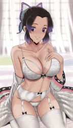 1girls big_breasts black_hair blush bra butterfly_hair_ornament cleavage demon_slayer female female_only garter_belt garter_straps haori i-chandraws kimetsu_no_yaiba kochou_shinobu lace-trimmed_bra lace-trimmed_panties lingerie looking_at_viewer panties picot_trim picot_trim_bra picot_trim_panties purple_eyes sitting smile solo stockings sweat thighhighs two_tone_hair wariza white_bra white_legwear white_panties white_thighhighs