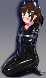 1girls ahoge aykay ball_gag bangs black_bodysuit blue_eyes blush bondage bound brown_hair closed_mouth collar fake_animal_ears female full_body gag kneeling latex latex_bodysuit looking_at_viewer medium_hair metal_collar original petplay pixiv_request request short_hair solo solo_female straitjacket