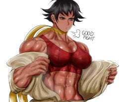 1girls 2022 abs big_breasts blue_ogre_(artist) blush breasts capcom cleavage dark-skinned_female female female_only looking_down makoto_(street_fighter) muscle_tone muscular muscular_female red_eyes sabas_caelus street_fighter sweat tomboy toned toned_female