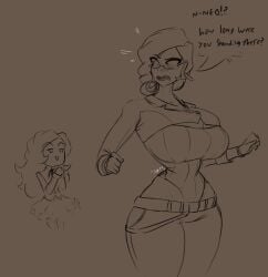 2girls curvaceous curvy curvy_figure glynda_goodwitch hourglass_figure huge_breasts impossible_clothes impossible_fit jakearmorsmith monochrome neo_(rwby) older_female outfit_swap ripped_clothing rwby size_difference sketch text tight_clothing wasp_waist wide_hips