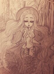 1girls breasts cleavage closed_eyes completely_nude completely_nude_female eyeshadow female female_focus foliage hair_covering_breasts long_hair navel nude nude_female ohthesunnyside outdoors outside sketch solo solo_female tattoo tattoos thighs traditional_art witch witch_hat woods