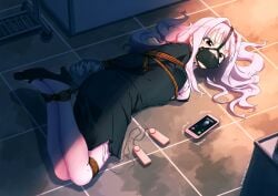 bondage bound_ankles bound_arms bound_knees bound_legs bound_wrists brown_eyes clothed_bondage distressed eudetenis headband high_heels hogtie hogtied idolmaster long_hair lying_on_floor lying_on_side panel_gag pink_hair shijou_takane straight_hair taped_hands vibrator