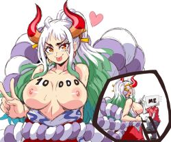 1girls breasts female female_only highres huge_breasts large_breasts lewdamone one_piece red_horns shounen_jump two_tone_hair white_hair yamato_(one_piece)