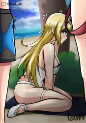 2022 beach close-up cowgirl_position embarrassed highres izai_ah izaiah_(artist) mythra pussy pussy_juice pyra rex_(xenoblade) swimsuit xenoblade_(series) xenoblade_chronicles_2