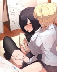 2futas bangs big_penis black_hair black_legwear black_nails black_skirt blonde_hair blush bow bow_panties breasts bulge carpet clothed clothing collared_shirt cropped_arms duo erection erection_in_panties erection_under_clothes futa_only futa_with_futa futanari hair_over_one_eye huge_cock huge_penis human light-skinned_futanari light_skin medium_hair mostly_clothed nail_polish no_shoes original original_character panties parted_lips penis penis_in_panties pleated_skirt polka_dot polka_dot_panties precum school_uniform shirt sitting skirt swept_bangs tenting thighhighs thighs tontekiss twintails uncensored underwear white_shirt yellow_eyes yellow_panties