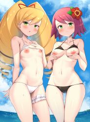 2girls bangs big_hair bikini bikini_lift blonde_hair blush breast_size_difference breasts clothes_lift collarbone cowboy_shot drill_hair flat_chest flower gluteal_fold groin hair_flower hair_ornament hair_ribbon hanetu highres leg_garter long_hair looking_at_viewer luna_platz medium_breasts mega_man mega_man_star_force monochrome multiple_girls navel nipples ocean open_mouth outdoors pink_hair ribbon short_hair small_breasts smile sonia_strumm spot_color sweat sweatdrop swimsuit twin_drills very_long_hair wading