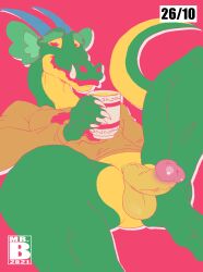 absurd_res alligator animal_crossing anthro balls beverage drago_(animal_crossing) dragon genitals hi_res lizard male mr._brapion nintendo penis reptile scalie solo tea video_games