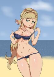 1girls beach bikini blonde_hair blue_bikini blue_swimsuit exposed_breasts exposed_nipples female female_only fire_emblem fire_emblem_heroes green_eyes long_hair looking_at_viewer navel nenkanuko nintendo nipple_slip ocean outdoors pink_highlights sharena_(fire_emblem) smile solo stripping swimsuit thigh_gap undressing very_long_hair