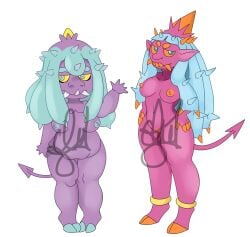 adoptable anthrofied blue_eyes demon_tail dohidoide hidoide hooves large_breasts mareanie monster_girl nelsonnoir no_humans oni orange_sclera pink_skin pokemon pokemon_sm purple_skin teeth toxapex