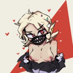 blonde_hair breasts_out cheeseojean(artist) concept_art female fortnite heart-shaped_pupils joni_(fortnite) mouth_mask