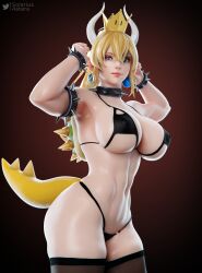 1girls 3d abs big_breasts bikini blonde_hair bowsette bracelet bracelets breasts choker cute hi_res highres mario_(series) muscular muscular_female new_super_mario_bros._u_deluxe nintendo solarius_astera solo_female stockings thick_thighs