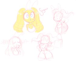 antennae anthro bee breast_grab breasts cleavage disembodied_hands fishnet_stockings insect_wings long_hair ohthesunnyside sketch sketch_page stinger sugar_(ohthesunnyside) text thick_thighs thighs twintails white_background yawn yawning