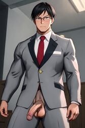 ai_generated fully_clothed iida_tenya penis_out serious_look standing suit tagme tenya_iida tie tight_clothing